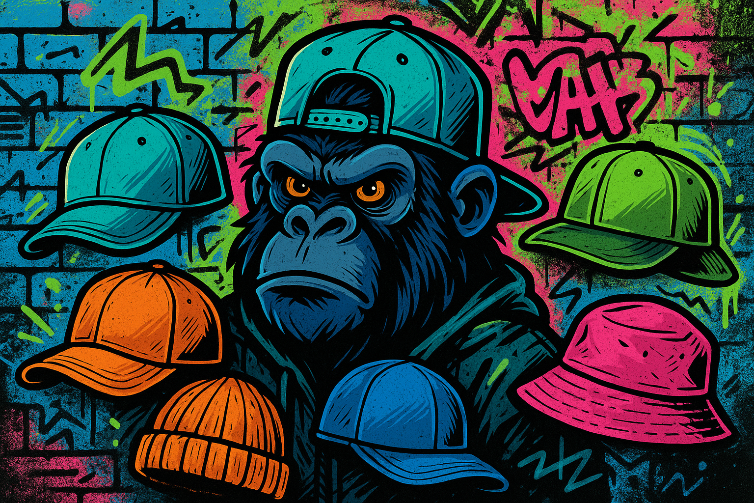 una imagen para la pantalla inicial de mi tienda de gorras con variedad y que se incluya un gorila como el del logo esta debe de ser con estilo street